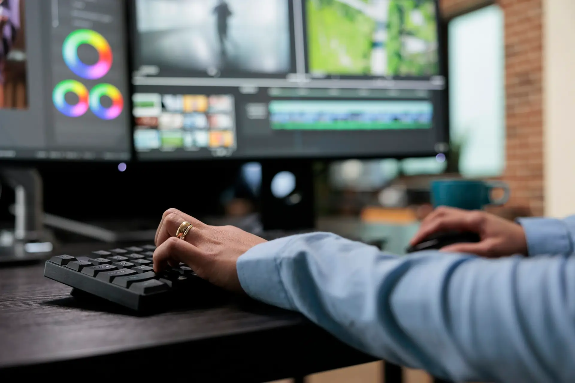 Close up shot of digital video editor sitting at multi monitor workstation desk while working on