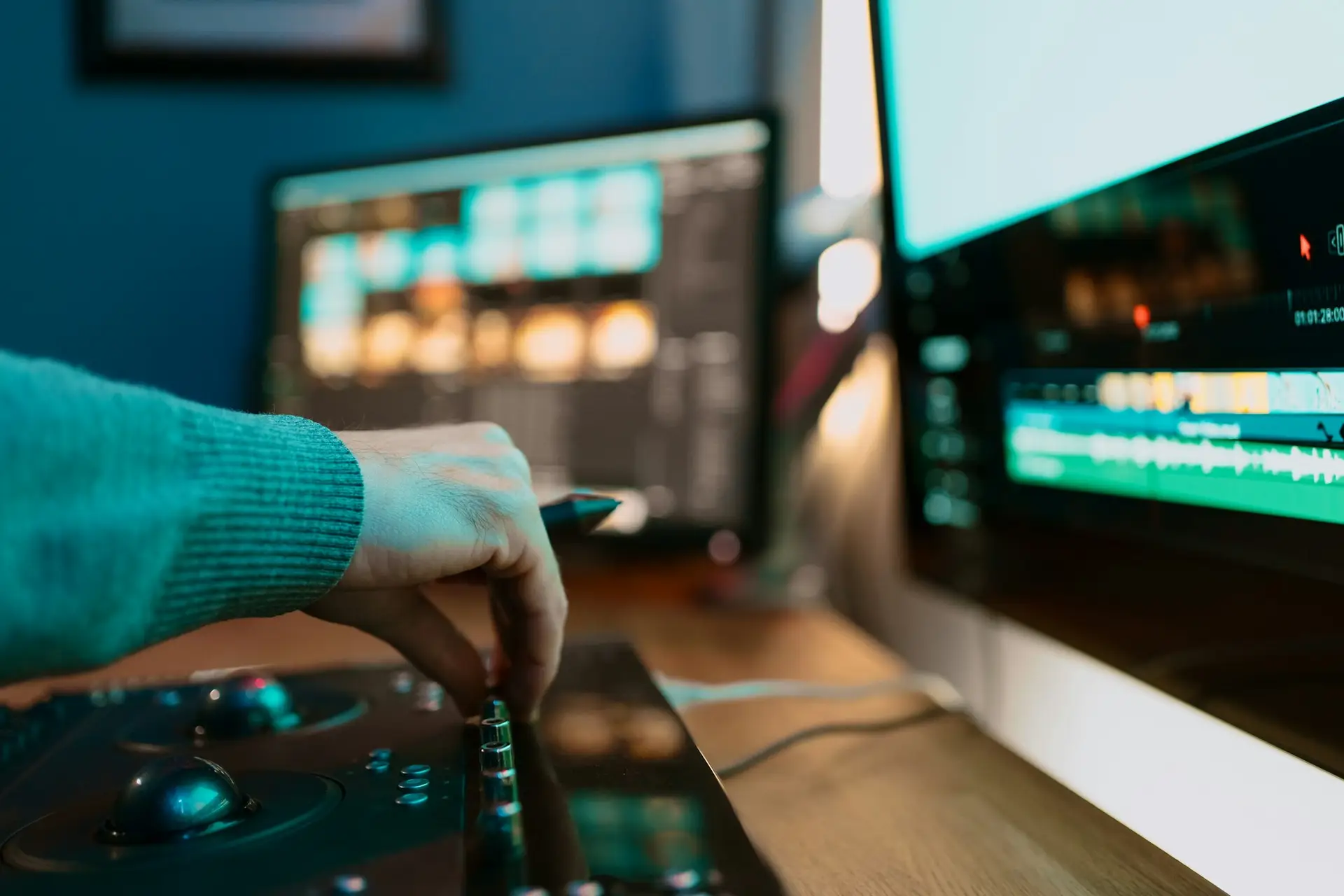 Male hand Video Editor Working on His Personal Computer with Big Display