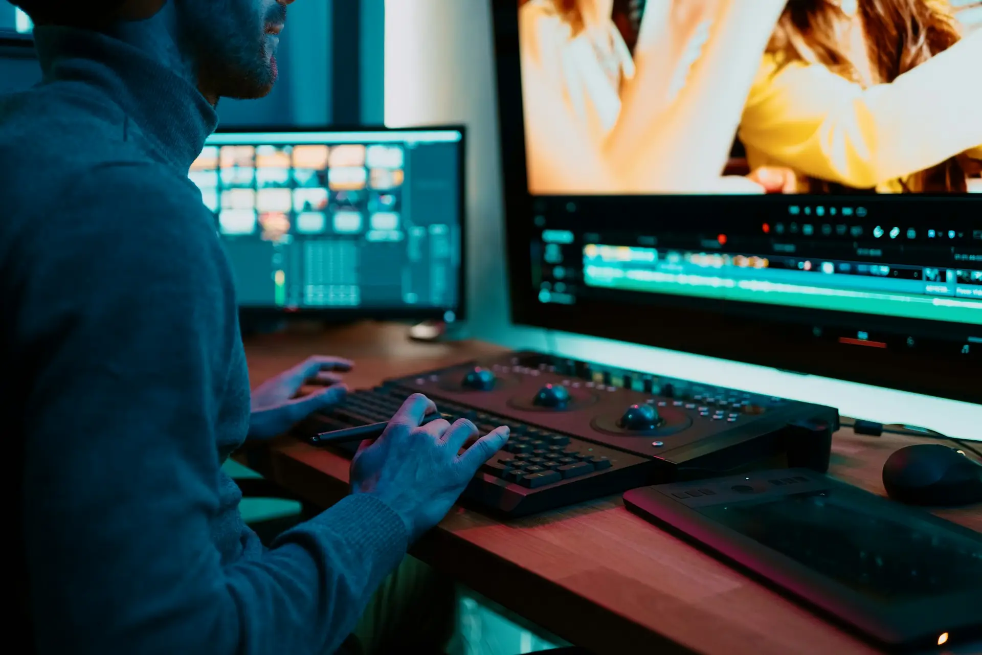 Male Video Editor Working on His Personal Computer with Big Display