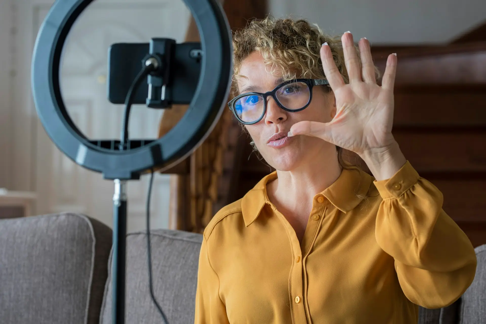 Online content creator people making a tutorial online video with phone device and ring light