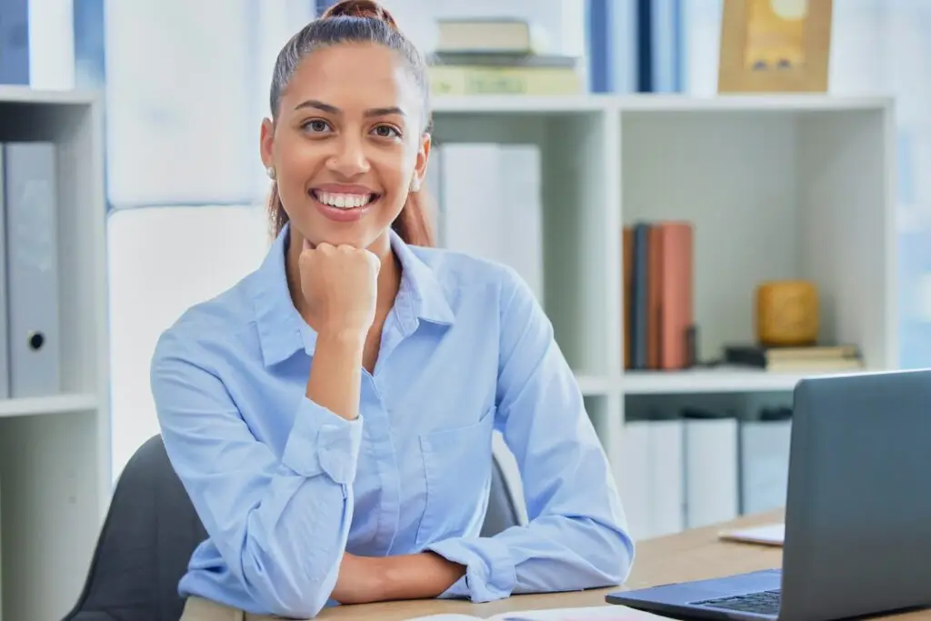 Office portrait, business administration and happy woman or finance accountant with smile for finan